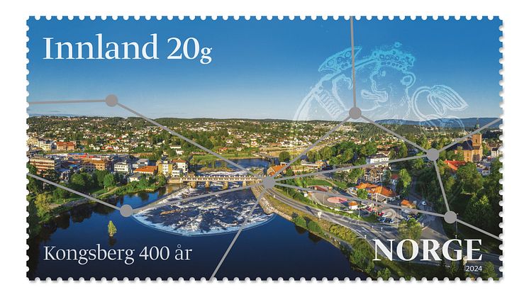 MED PÅ FEIRINGEN: Postens nye frimerke gis ut i forbindelse med at Kongsberg by feirer 400 år. Foto: Posten Bring