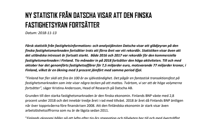 Ny statistik från Datscha visar att den finska fastighetsyran fortsätter