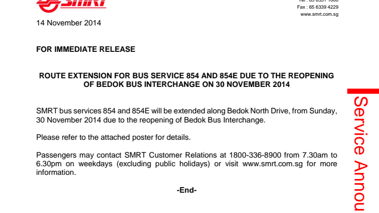 Route Extension for Bus Service 854 and 854E due to the reopening of Bedok Bus Interchange on 30 November 2014