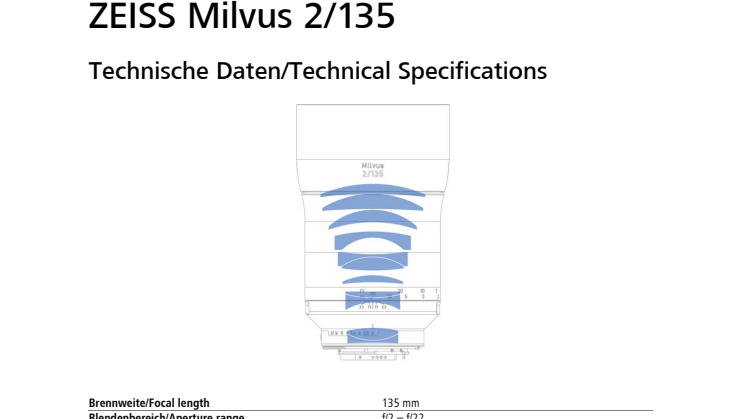 Zeiss Milvus 135mm, specifikationer