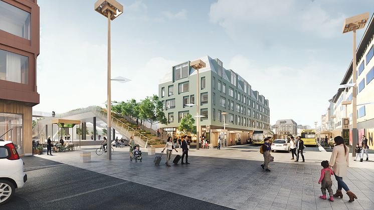 En ny gångbro, Trädgårdslänken, ska sammanlänka Stadsträdgården med Hamngatan. Illustration: White arkitekter