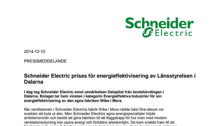 Schneider Electric prisas för energieffektivisering av Länsstyrelsen i Dalarna