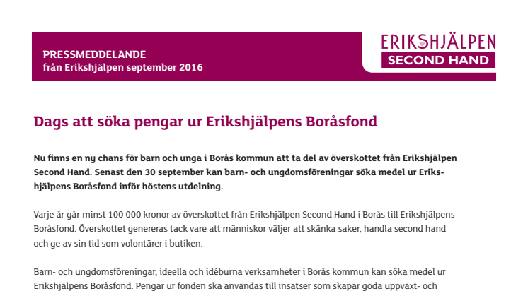 Dags att söka pengar ur Erikshjälpens Boråsfond