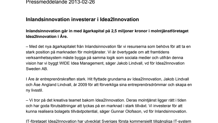 Inlandsinnovation investerar i Idea2Innovation