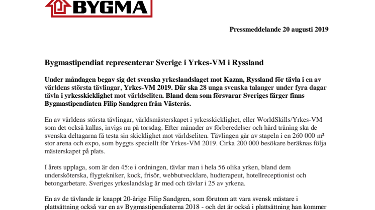 Bygmastipendiat representerar Sverige i Yrkes-VM i Ryssland