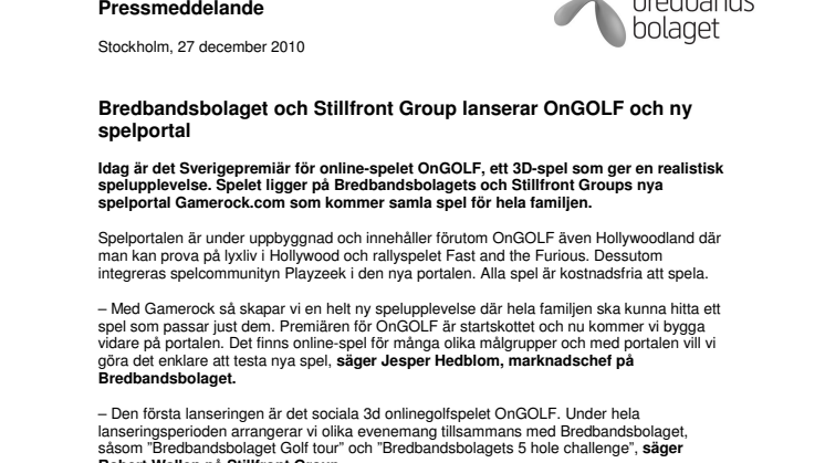 Bredbandsbolaget och Stillfront Group lanserar OnGOLF och ny spelportal 