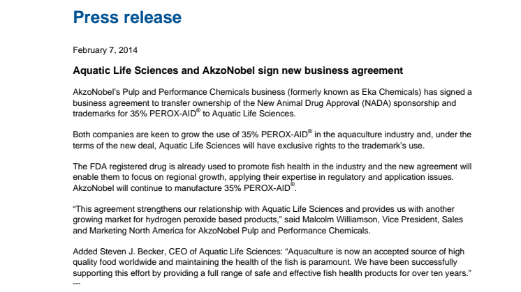 Aquatic Life Sciences and AkzoNobel sign new business agreement