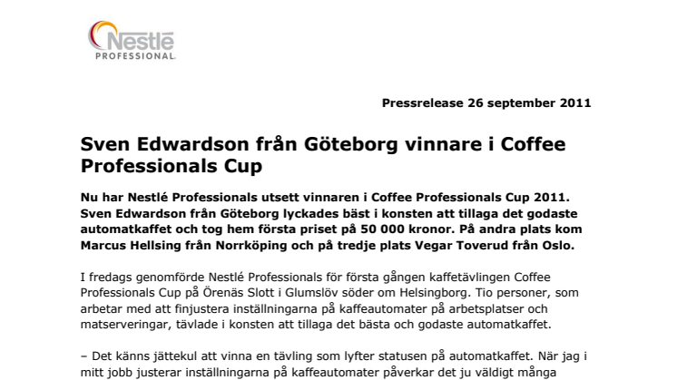 Sven Edwardson från Göteborg vinnare i Coffee Professionals Cup
