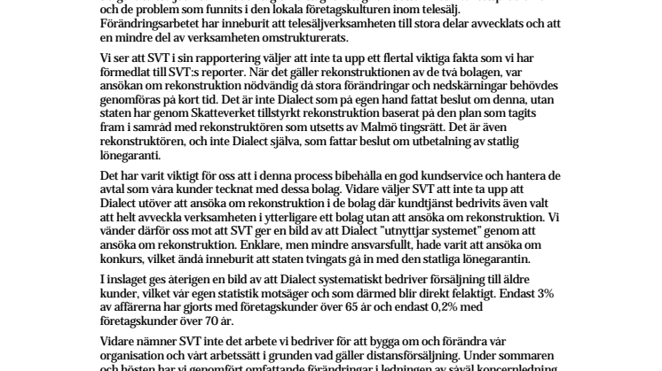 SVT:s rapportering om Dialects tidigare telesäljverksamhet