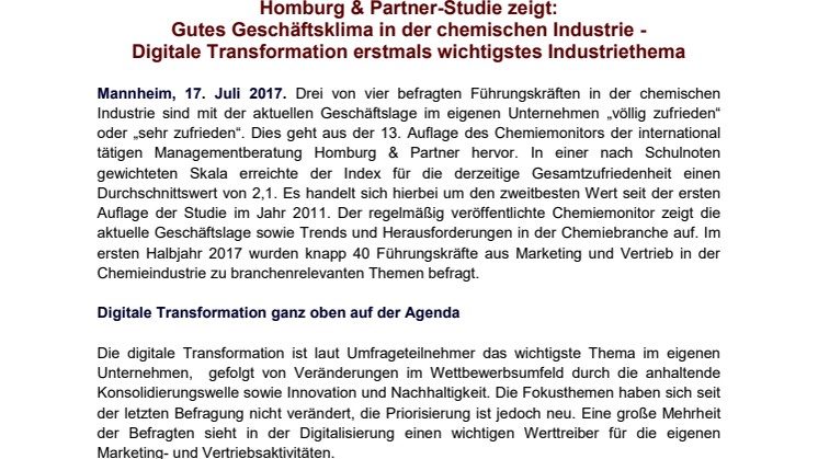 Homburg & Partner-Studie zeigt: Gutes Geschäftsklima in der chemischen Industrie - Digitale Transformation erstmals wichtigstes Industriethema