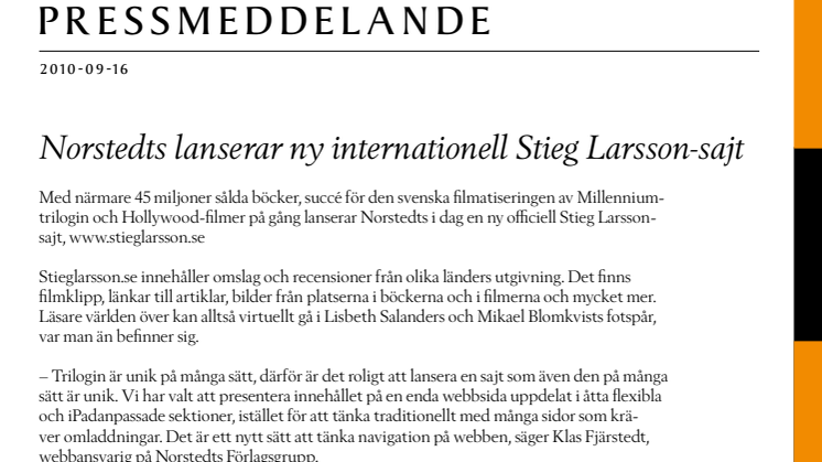 Norstedts lanserar ny internationell Stieg Larsson-sajt