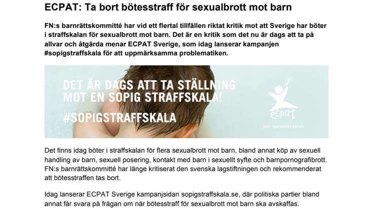 ECPAT: Ta bort bötesstraff för sexualbrott mot barn