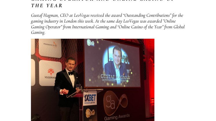 LeoVegas scores hattrick by reciving 3 Awards; Outstanding Contributions Award for the gaming industry, Online Gaming Operator and Online Casino of the Year