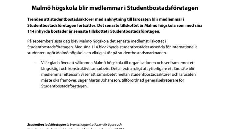 Malmö högskola blir medlemmar i Studentbostadsföretagen