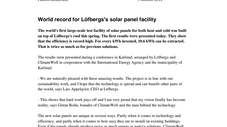 World record for Löfbergs's solar panel facility