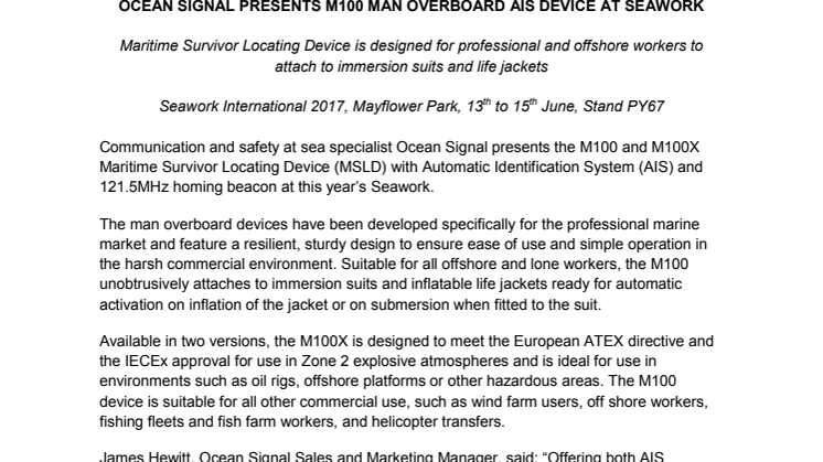 Ocean Signal Presents M100 Man Overboard AIS Device at Seawork