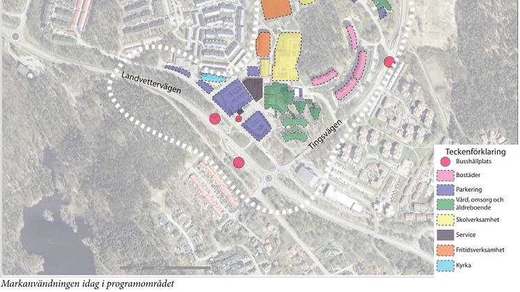 Bild från planprogrammet för Furulunds centrum i Partille kommun. Hökerum Byggs och Vetros gemensamma fastighet ligger till höger om rondellen utmed Landvettervägen.