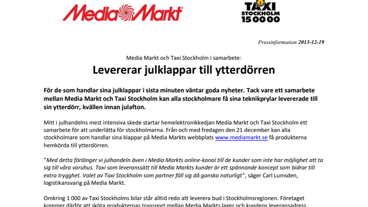 Media Markt och Taxi Stockholm i samarbete: Levererar julklappar till ytterdörren!
