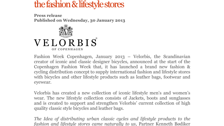 Velorbis unveils new urban cycling concept to the fashion & lifestyle stores