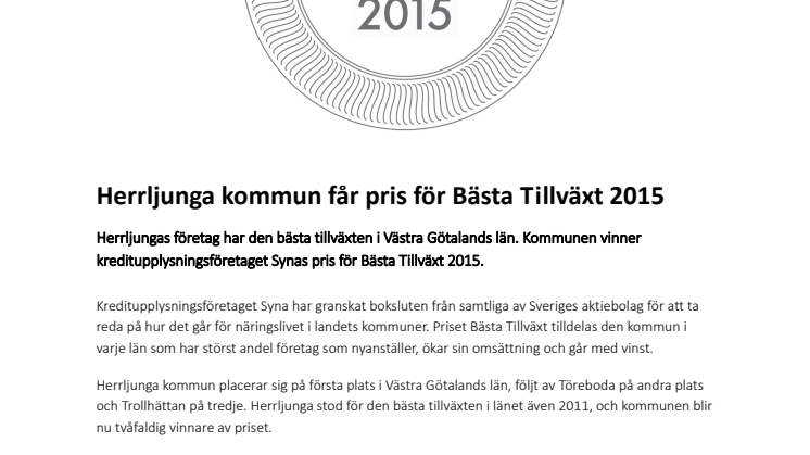 Herrljunga kommun får pris för Bästa Tillväxt 2015