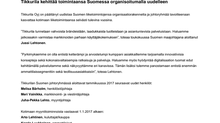Tikkurila kehittää toimintaansa Suomessa organisoitumalla uudelleen