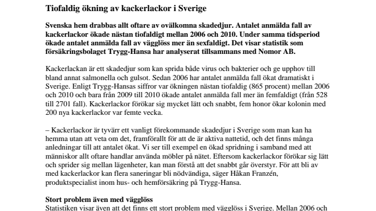 Tiofaldig ökning av kackerlackor i Sverige