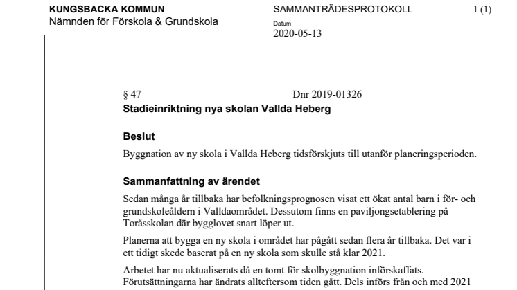 Beslut i nämnden Förskola&Grundskola 2020-05-13 om utredning skola Vallda Heberg