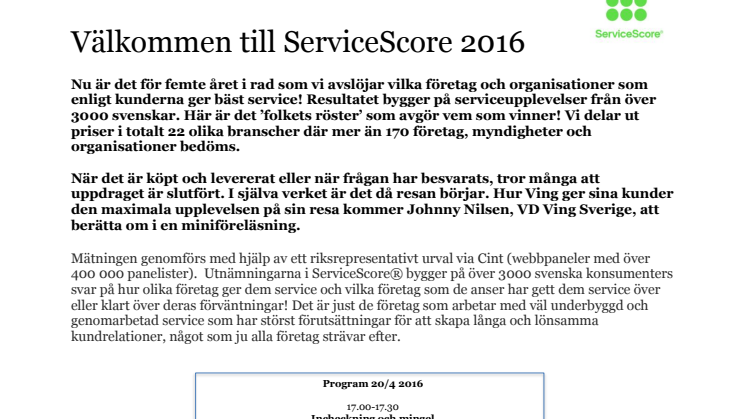 Inbjudan ServiceScore 2016