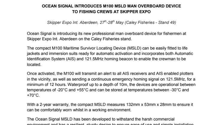 Ocean Signal Introduces M100 MSLD Man Overboard Device To Fishing Crews At Skipper Expo    