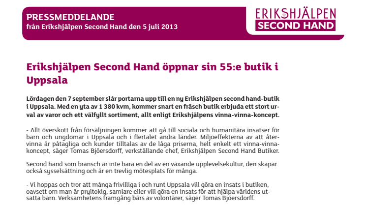 Erikshjälpen Second Hand öppnar sin 55:e butik i Uppsala