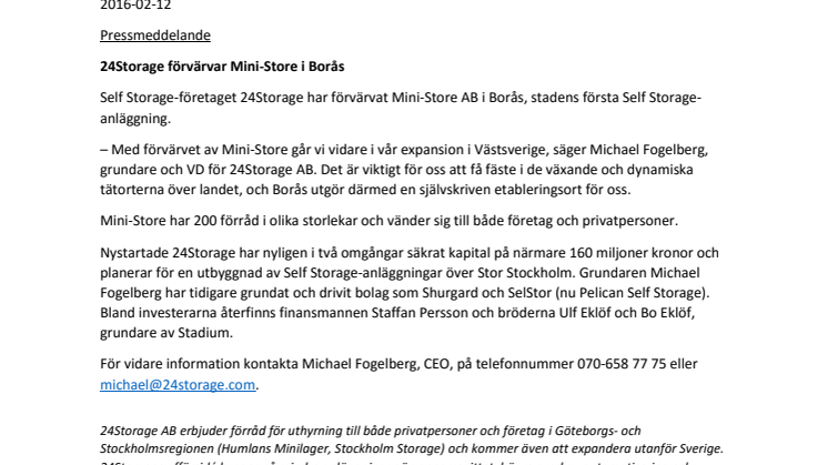 24Storage förvärvar Mini-Store i Borås