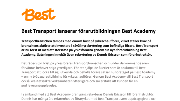 Best Transport lanserar förarutbildningen Best Academy