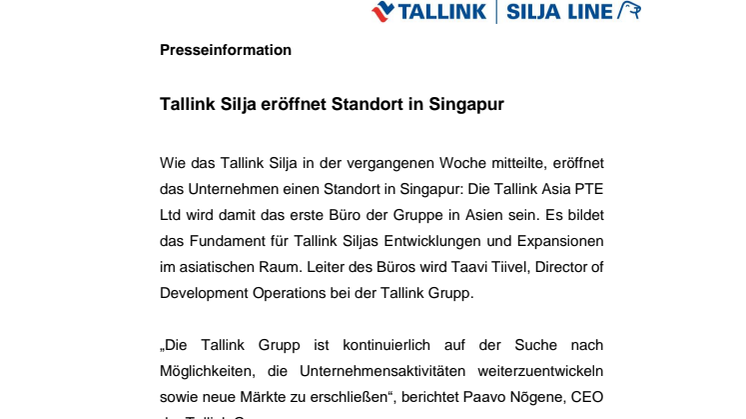 Tallink Silja eröffnet Standort in Singapur