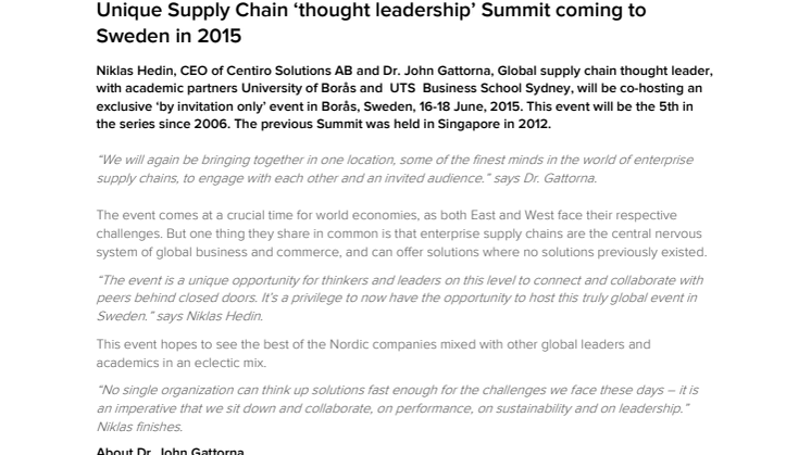 Unique Supply Chain ‘thought leadership’ Summit coming to Sweden in 2015