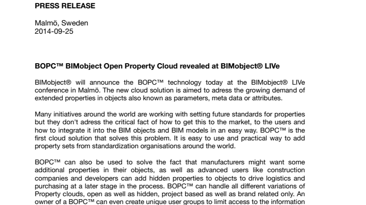 BOPC™ BIMobject Open Property Cloud revealed at BIMobject® LIVe