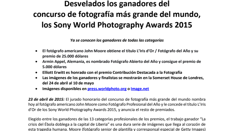 Desvelados los ganadores del  concurso de fotografía más grande del mundo,  los Sony World Photography Awards 2015
