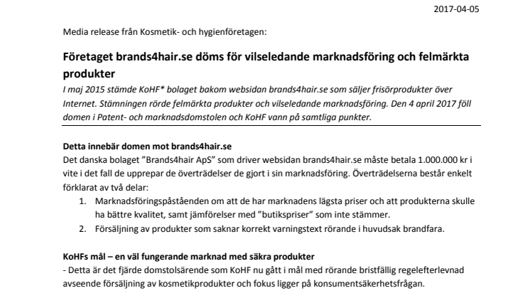 Företaget brands4hair.se döms för vilseledande marknadsföring och felmärkta produkter