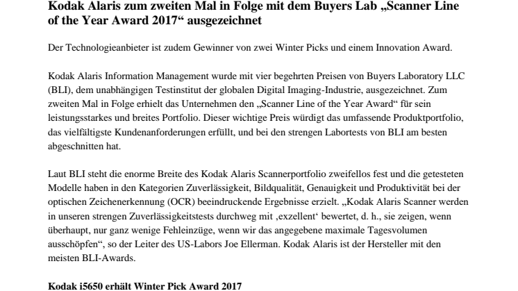 Kodak Alaris zum zweiten Mal in Folge mit dem Buyers Lab „Scanner Line of the Year Award 2017“ ausgezeichnet