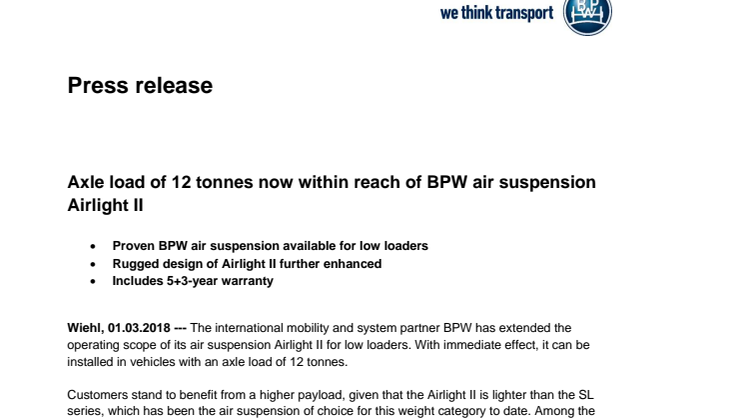 Axle load of 12 tonnes now within reach of BPW air suspension Airlight II