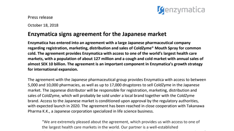Enzymatica signs agreement for the Japanese market