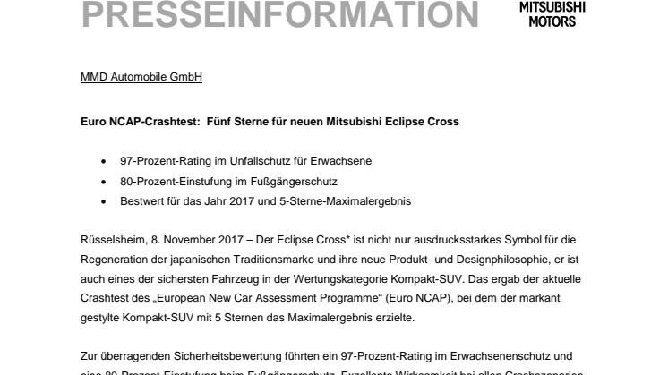 Euro NCAP-Crashtest:  Fünf Sterne für neuen Mitsubishi Eclipse Cross 