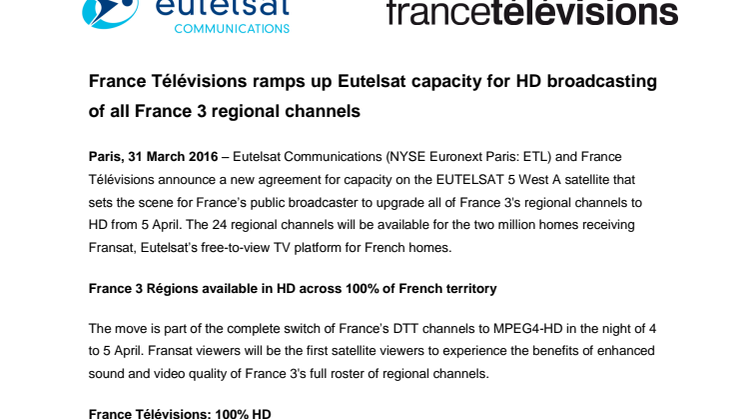 France Télévisions ramps up Eutelsat capacity for HD broadcasting of all France 3 regional channels