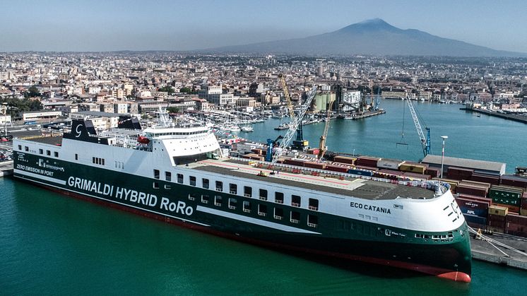 Grimaldi Group's Eco Catania, one of the new Grimaldi Green 5th Generation Ro-Ro vessels. Kongsberg Maritime will supply engineering and technology for two more such vessels.