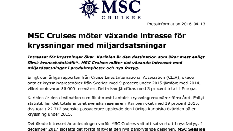 MSC Cruises möter växande intresse för kryssningar med miljardsatsningar 