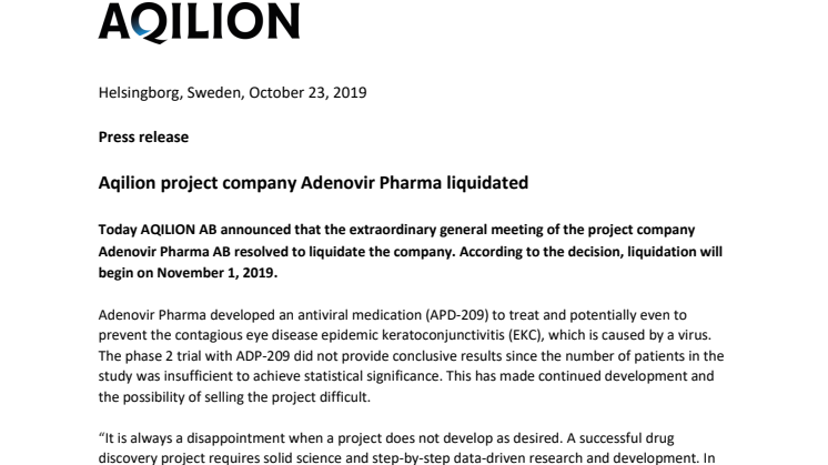 Aqilion project company Adenovir Pharma liquidated