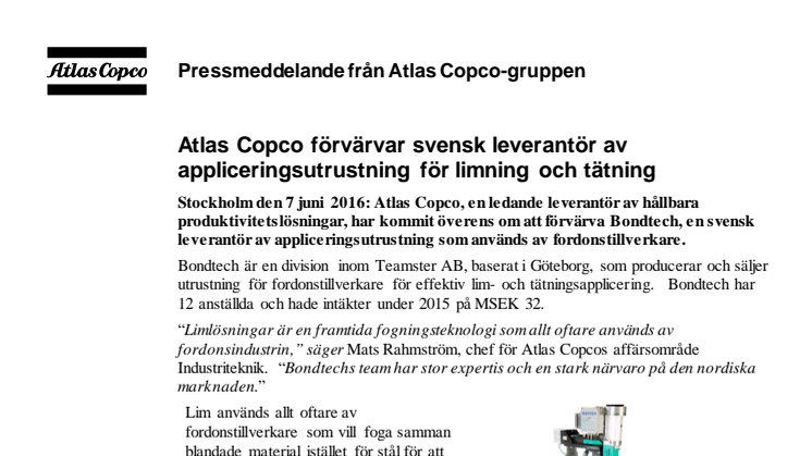 Atlas Copco förvärvar svensk leverantör av appliceringsutrustning för limning och tätning
