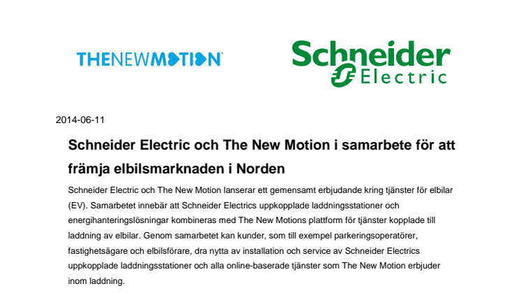 Schneider Electric och The New Motion i samarbete för att främja elbilsmarknaden i Norden