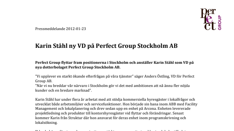 Karin Ståhl ny VD på Perfect Group Stockholm AB