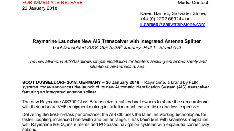 Raymarine - boot Düsseldorf : Raymarine Launches New AIS Transceiver with Integrated Antenna Splitter