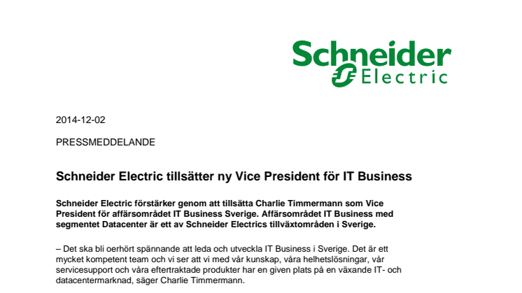 Schneider Electric tillsätter ny Vice President för IT Business 